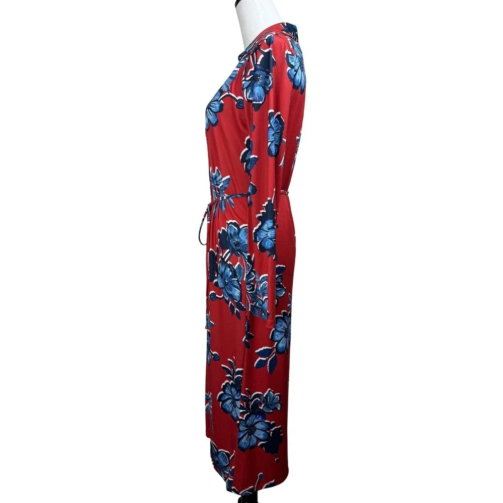 Zara Red Blue Floral Long‎ Sleeve Button Front Midi Dress Small Colorful Boho